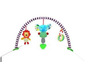 Detail of baby stroller arch with plush lion, musical elephant and rattling ring toys