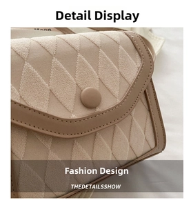 Close-up of beige quilted texture fabric and circular button closure on a crossbody bag