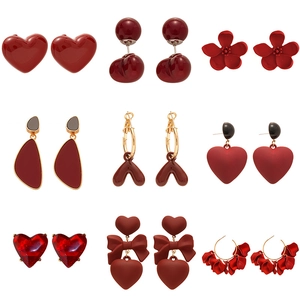 Set of vintage red heart and flower earrings with diverse geometric resin designs