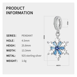 Detail of S925 sterling silver snowflake charm with blue zircon and size dimensions