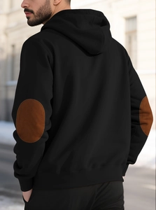 Sweat à capuche homme noir avec coudières marron et doublure en polaire chaude