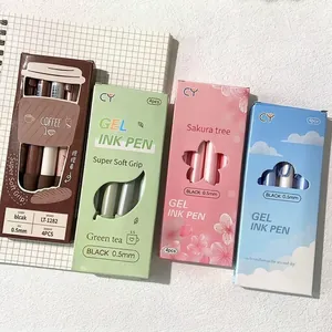 Set of four 0.5mm retractable black ink gel pens in assorted pastel colored cases