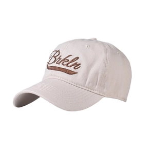 Beige cotton baseball cap with 3D brown Brkln embroidery and curved brim style