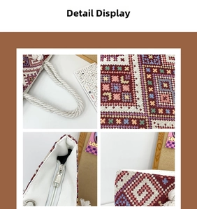 Detail view of ethnic tote bag showing woven geometric patterns and cotton rope handle