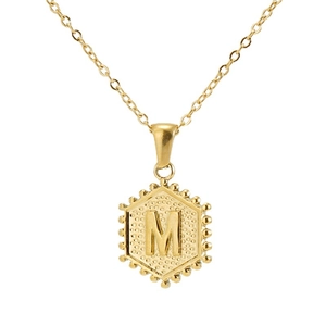 18K gold plated stainless steel hexagonal necklace with letter M pendant on white background