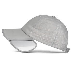 Grey outdoor sun hat with retractable side visors and breathable mesh design