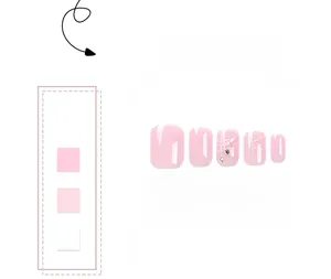 Detailed view of pink press-on toenails with white arc patterns and small rhinestones