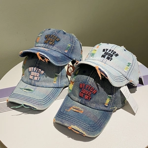 Vintage Distressed Denim Baseball Cap With Letter Embroidery Adjustable Retro Hip Hop Cotton Sun Hat For Men Women