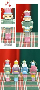 Detailed view of candy-colored resin nutcracker soldier ornaments with knitted texture