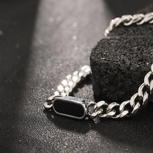 Silver stainless steel Cuban link necklace with black rectangular pendant for men and women