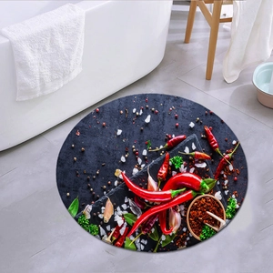 Round flannel kitchen mat with spice print on a grey tile bathroom floor