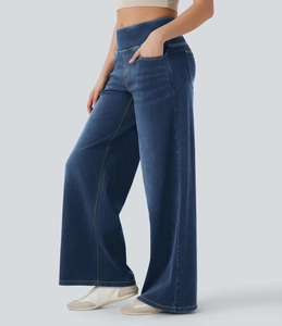 Detailansicht der High-Waist-Jeans mit weitem Bein, Kontrastnähten und dunkelblauer Textur