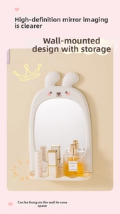 Wall-mounted rabbit ear vanity mirror with integrated storage tray and wavy edge detail