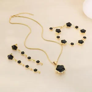 Stainless Steel Necklace Bracelet And Earrings Black Clover Flower Tassel Elegant Trendy Jewelry For Women