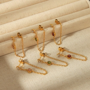 Golden stainless steel tassel earrings with colorful zircons and long hanging chains