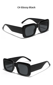 Macro view of glossy black square sunglasses with UV400 lenses from two angles