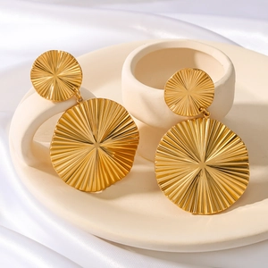 Fashion 18k gold plated stainless steel earrings with large pleated round pendants