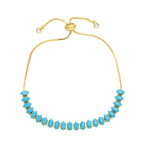 Detailed shot of adjustable gold bracelet with turquoise marquise stones and sliding clasp