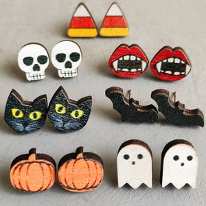Halloween Stud Earrings Wooden Spooky Ghost Pumpkin Skull Bat Designs With Steel Earring Post Party Jewelry