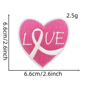 Detailed embroidery of pink heart patch with white LOVE text and 6.6cm size scale