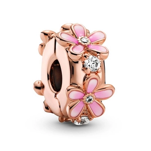 Rose gold bead with pink enamel flowers and clear zircon stones for necklaces