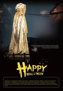 Detailed size specifications for a 150cm gold hooded Halloween cloak with metallic finish