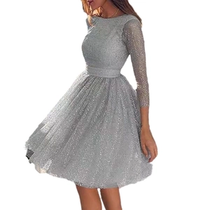 Elegant silver grey long sleeve mesh dress with sparkling sequins and high waist design