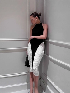 Farblock Midi Kleid Halfter Rückenfrei Gerafft Bodycon Polyester Elastan Ärmellos Für Damen Party Abend Elegant