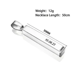 Customizable stainless steel bar pendant necklace with personalized engraving on 50cm chain