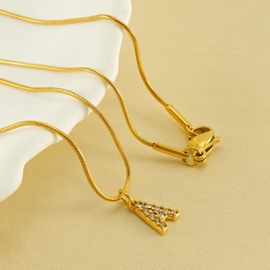 18K gold plated snake chain necklace with sparkling letter A zircon pendant for women