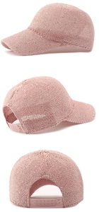 Detail of pink mesh baseball cap with sequins and adjustable back strap
