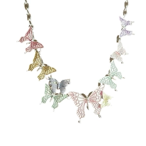 Colorful butterfly pendant necklace with multiple soft tones on a silver chain for women
