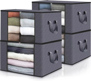 Stack of four grey non-woven storage bags with clear windows and reinforced handles