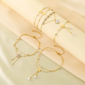 Double Layer Anklet For Women Gold Plated Stainless Steel Imitation Artificial Pearl Clover Flower Heart Charms Adjustable Elegant
