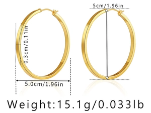 Detail view of 18K gold plated minimalist 5cm hoop earrings with size specifications