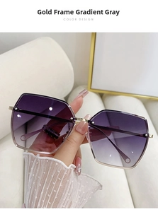 Close-up of rimless gradient grey lenses and gold metal frame for women's sunglasses