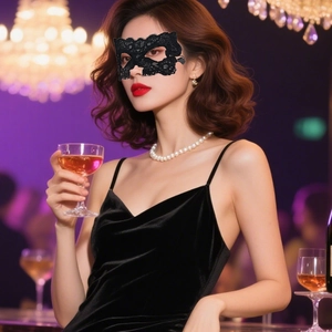 Elegant black lace masquerade eye mask for women at a party with pearl necklace