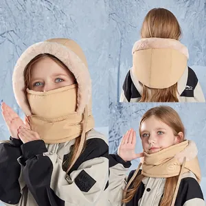 Warm khaki winter aviator hat for kids with fleece lining and integrated face mask