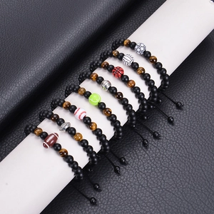 Verstellbares Sport-Perlenarmband-Set mit matt schwarzen Perlen und Tigerauge-Steinen