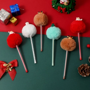 Christmas Ballpoint Pens Creative Plush Pom Pom Cartoon Santa Snowman Reindeer Student Stationery Holiday Gift Novelty