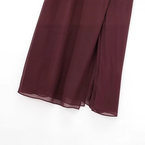 Burgundy chiffon lingerie dress with layered lace skirt detail and elegant draped fabric