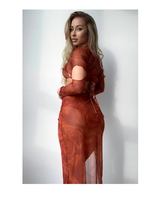 Detail of rust marble print bikini set featuring hollowed sleeves and lace-up back design