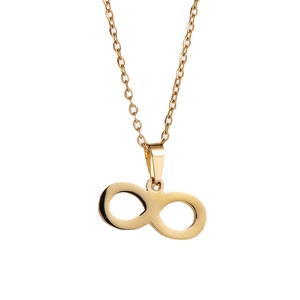 Minimalist gold infinity pendant necklace with delicate cross chain on white background