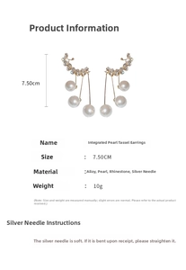 Detail view of 7.5cm long pearl tassel earring with dimensions and gold metal base