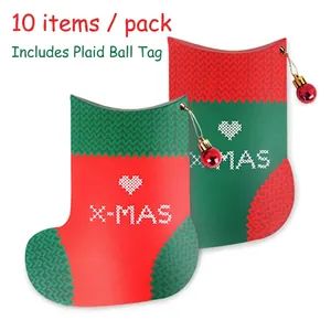 Christmas Stocking Shape Gift Boxes Paper Cardboard Candy Packaging With Tags X-MAS Pattern Festive Party Favors