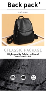 Close-up of litchi pattern PU leather texture and kangaroo logo on the black backpack