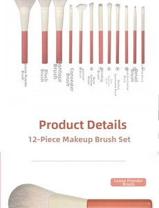 Details eines 12-teiligen Make-up-Pinselsets mit rosa Griffen und goldenen Zwingen