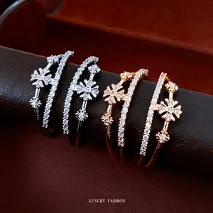 Elegant Flower C Shaped Double Layer Copper Zircon Earrings With 925 Sterling Silver Earring Post Chic Jewelry For Women