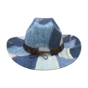 Chapeau de cowboy western ethnique en patchwork de denim bleu à larges bords