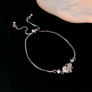 Elegant silver zircon heart and bowknot adjustable drawstring bracelet for women